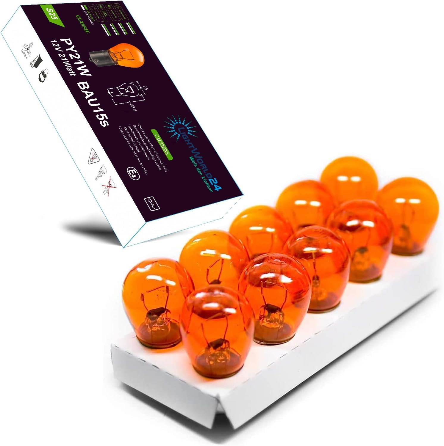 LIGHTWORLD24 10 x PY21W Ampoule Clignotant 12V BAU15s S25 21W Orange – Ampoules Voiture Clignotant Avant/Arrière – Ampoule Auto Halogène Couleur Ambre