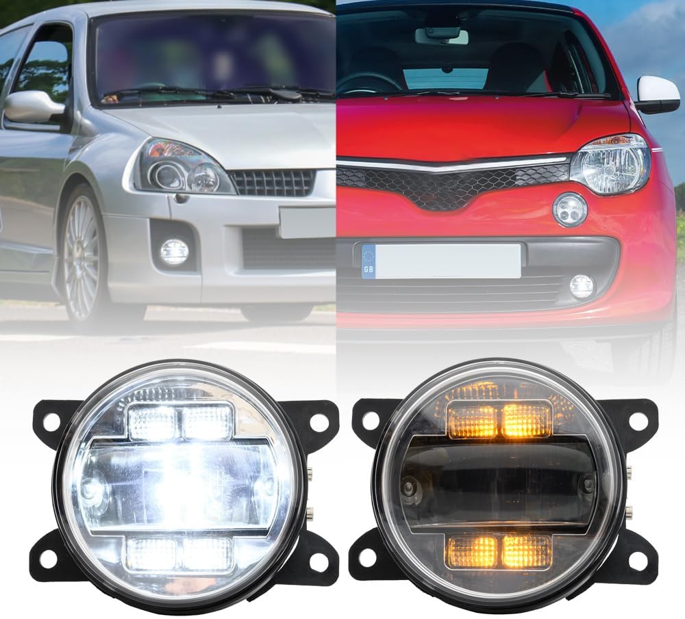NSLUMO LED Feu antibrouillard DRL Feux diurnes pour Renault Clio Megane Twingo Scenic Pare-chocs avant Réflecteurs antibrouillard Clignotants DLR Feu de circulation 2x lentille transparente
