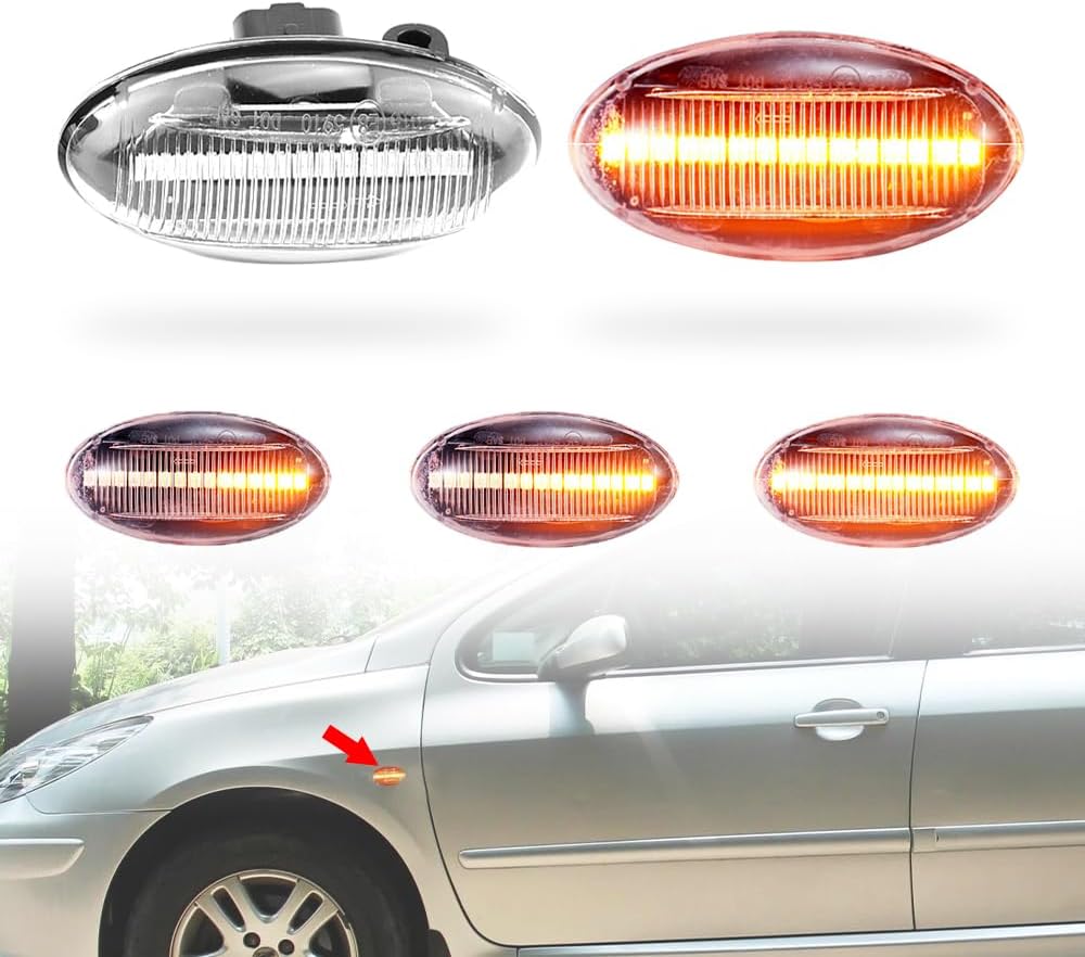2 pièces LED Garde-boue avant Feu de signalisation latéral Montage de lampe de signal de tournage Compatible avec Peug-eot 307 206 207 407 107 1007 108 607 Citr-oen C1 C2 C3 C5-Blanc Verre Cristal blanc