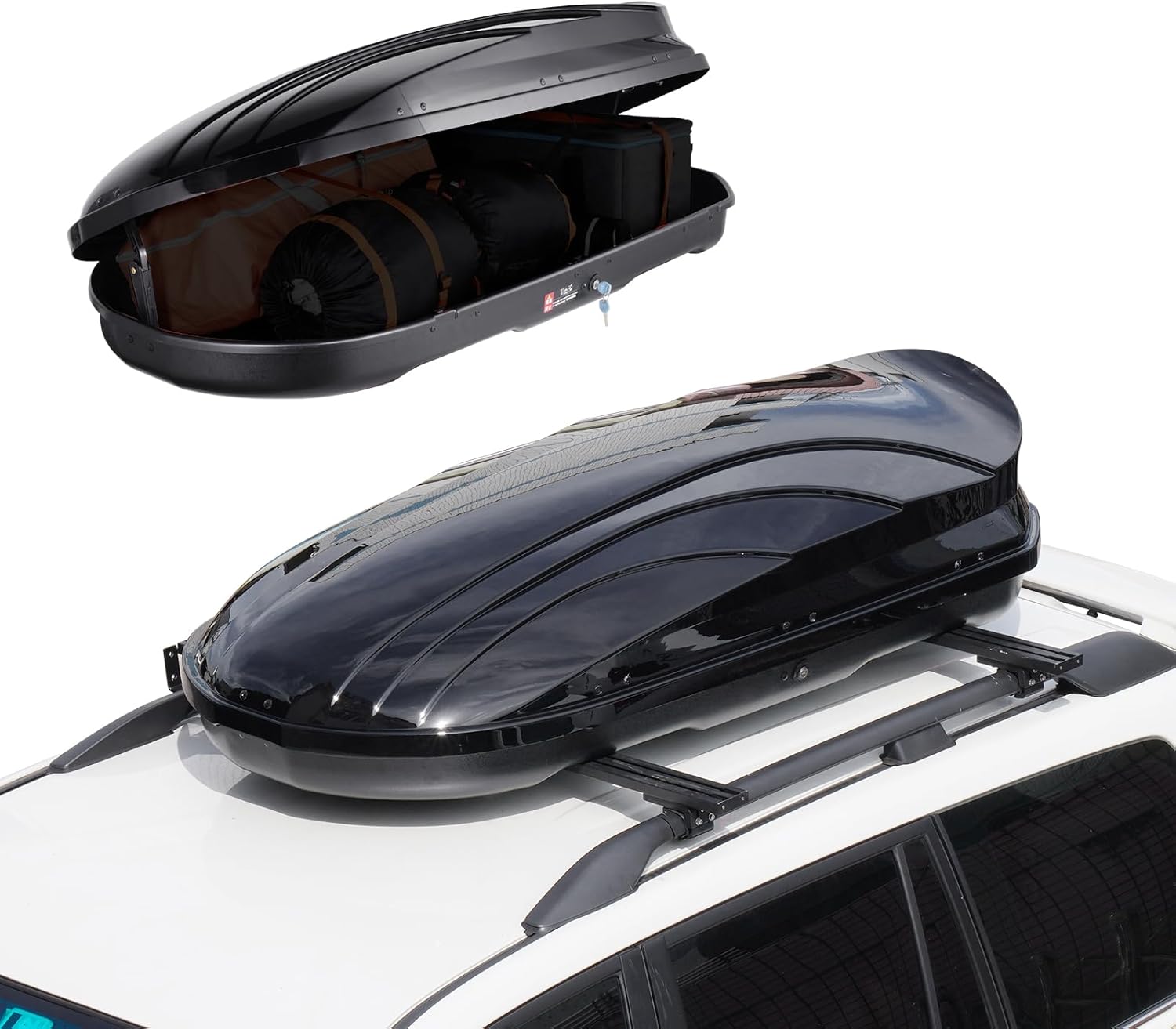 Coffre de Toit 340 L, Porte-Bagages de Toit Coque Rigide en ABS, avec Ouverture Double-Face 2 Sangles Renforcées, Aérodynamique, pour la Plupart des Barres Transversales, Voiture, SUV, Noir 340L