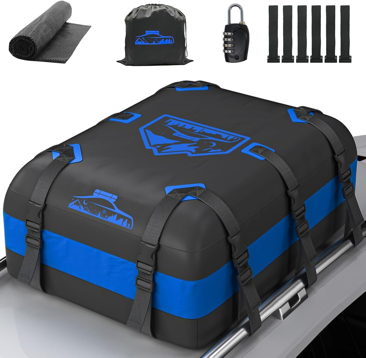 Coffre de Toit Voiture 20CFT/566L, Coffre de Toit Voiture étanche 1000D Bleu, Coffre de Toit avec Tapis Antidérapant et 10 Sangles D'arrimage, Coffre de Toit Plegable Con/Sin Bacas 20 CFT/566 L-Azul