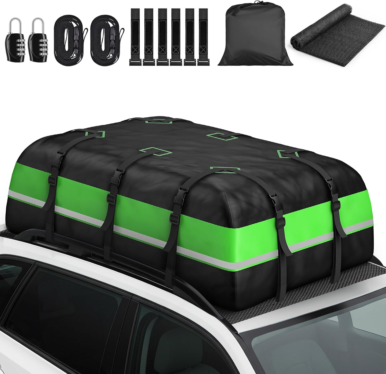 Coffre de Toit Voiture 595L – Sac de Rangement Imperméable 1000D Nylon – 6 Sangles Renforcées – Pliable & Léger – pour Week-Ends, Vacances et Road Trips 21Kubik