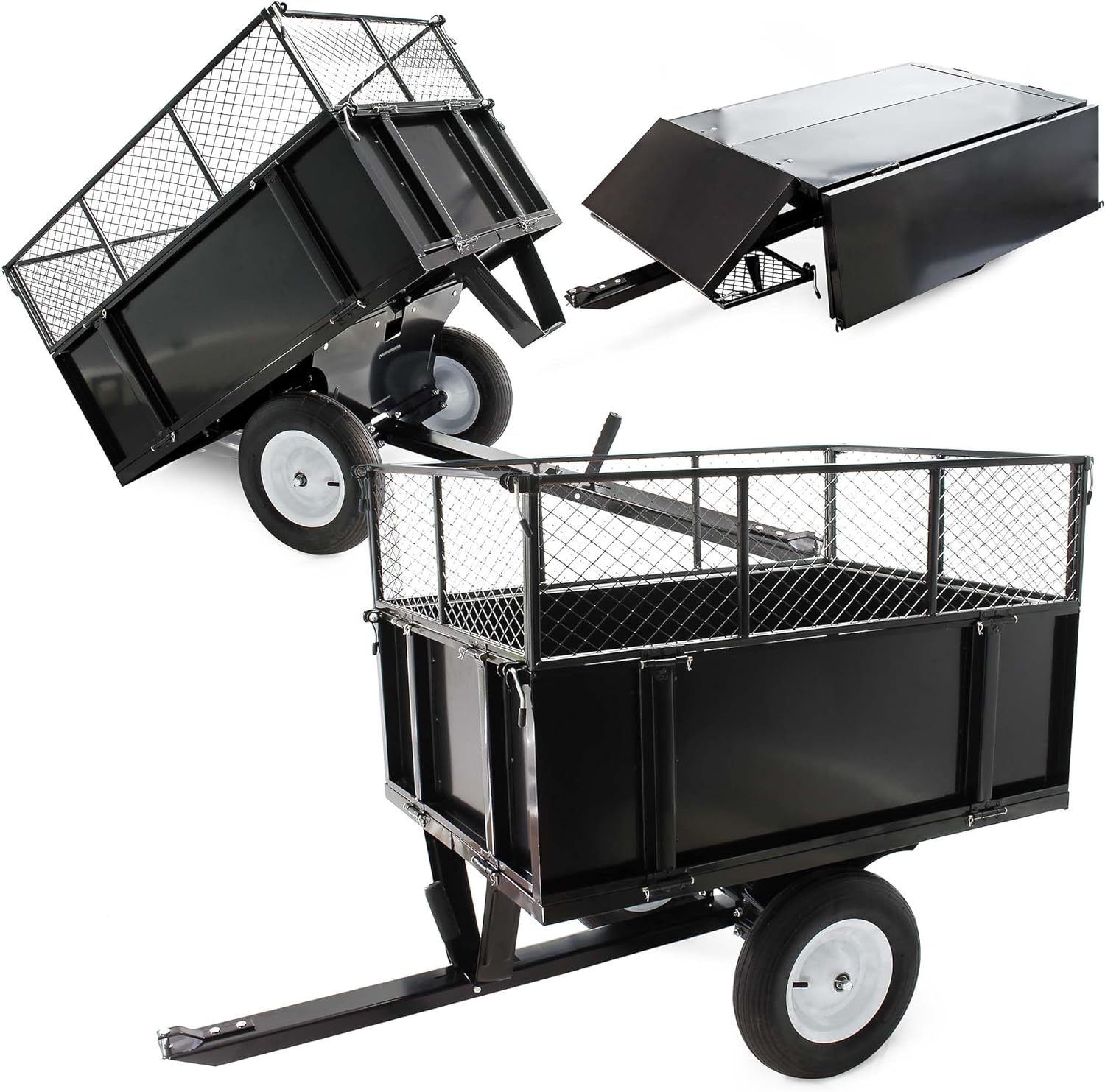 Remorque basculante sur pneus – 114 x 76 x 30 cm – avec Grille rehaussée et Parois Amovibles – Dispositif d’attelage Universel – Jardinage, Transport ‎114 x 30 x 76 cm