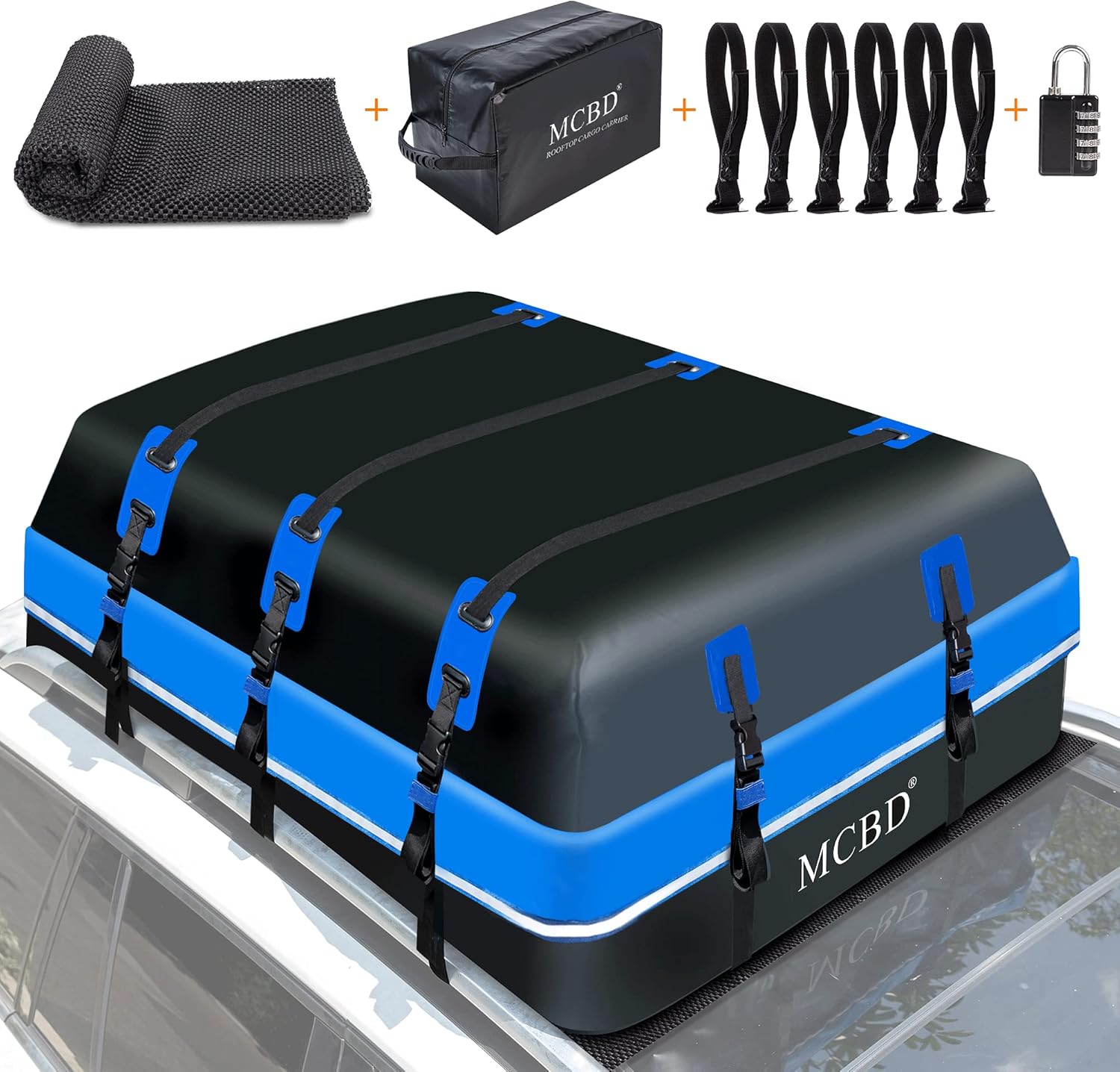 Coffre de Toit étanche à 21 Pieds cubes/594L - pour Bagages de Toit - Portable - Convient pour Tous Les véhicules, SUV avec/sans Rails - avec 10 Sangles renforcées et 6 Crochets de Porte appropriés 594L-Bleu