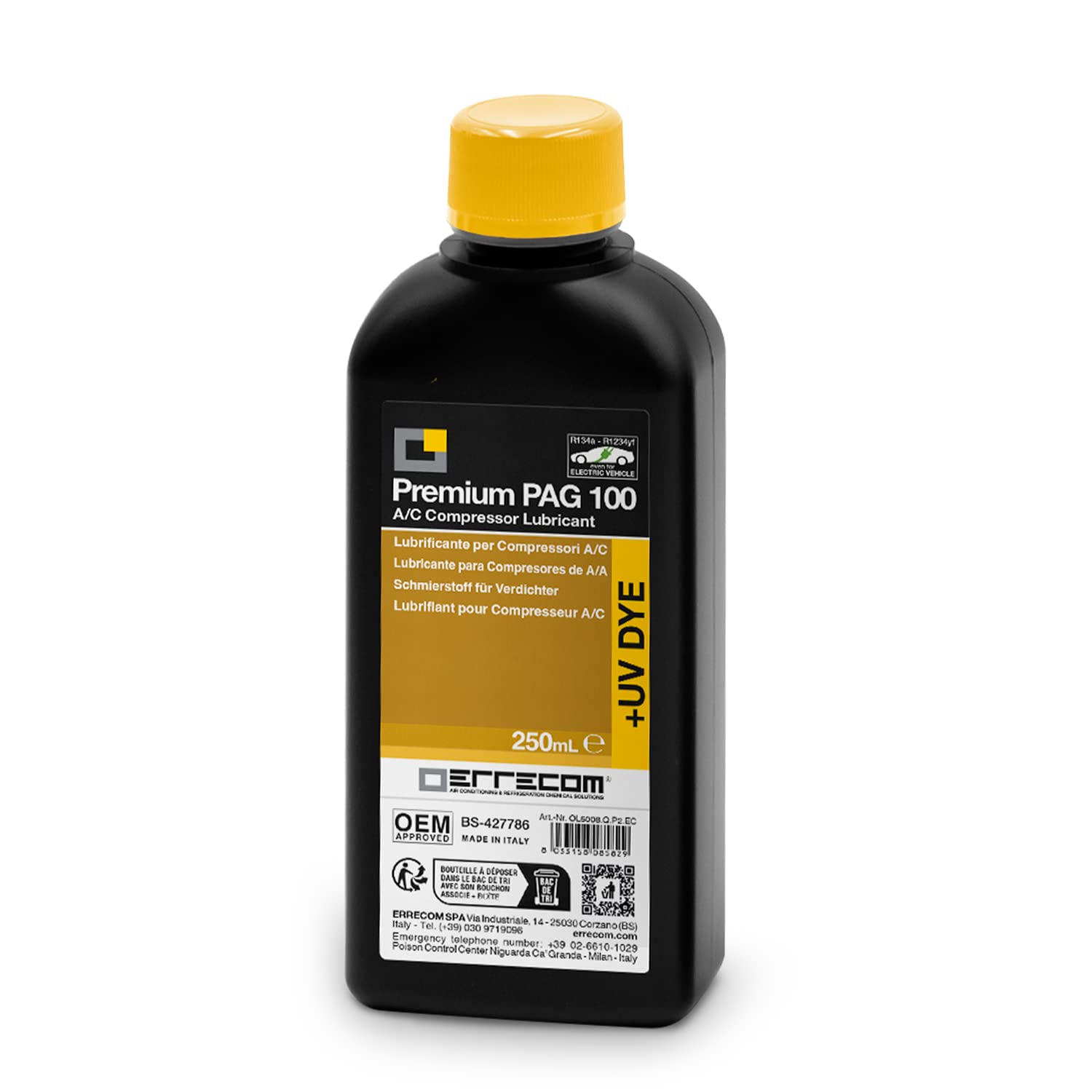 PAG 100 + Dye - 250 ML, Lubrifiant pour Compresseurs de Climatisation Automobile, y Compris Les Compresseurs Électriques, fonctionnant avec gaz réfrigérants R134a et R1234yf