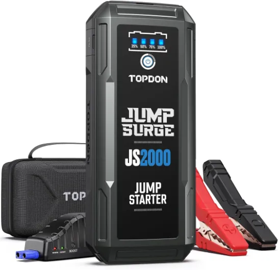 Booster Batterie, JS2000 Demarreur de Batterie Voiture 2000A/16000mAh Jump Starter pour Moteurs Diesel Jusqu'à 8L et 6L, câbles de démarrage, Charge Rapide USB et Lampe de Poche LED intégrée 2500A/16000mAh