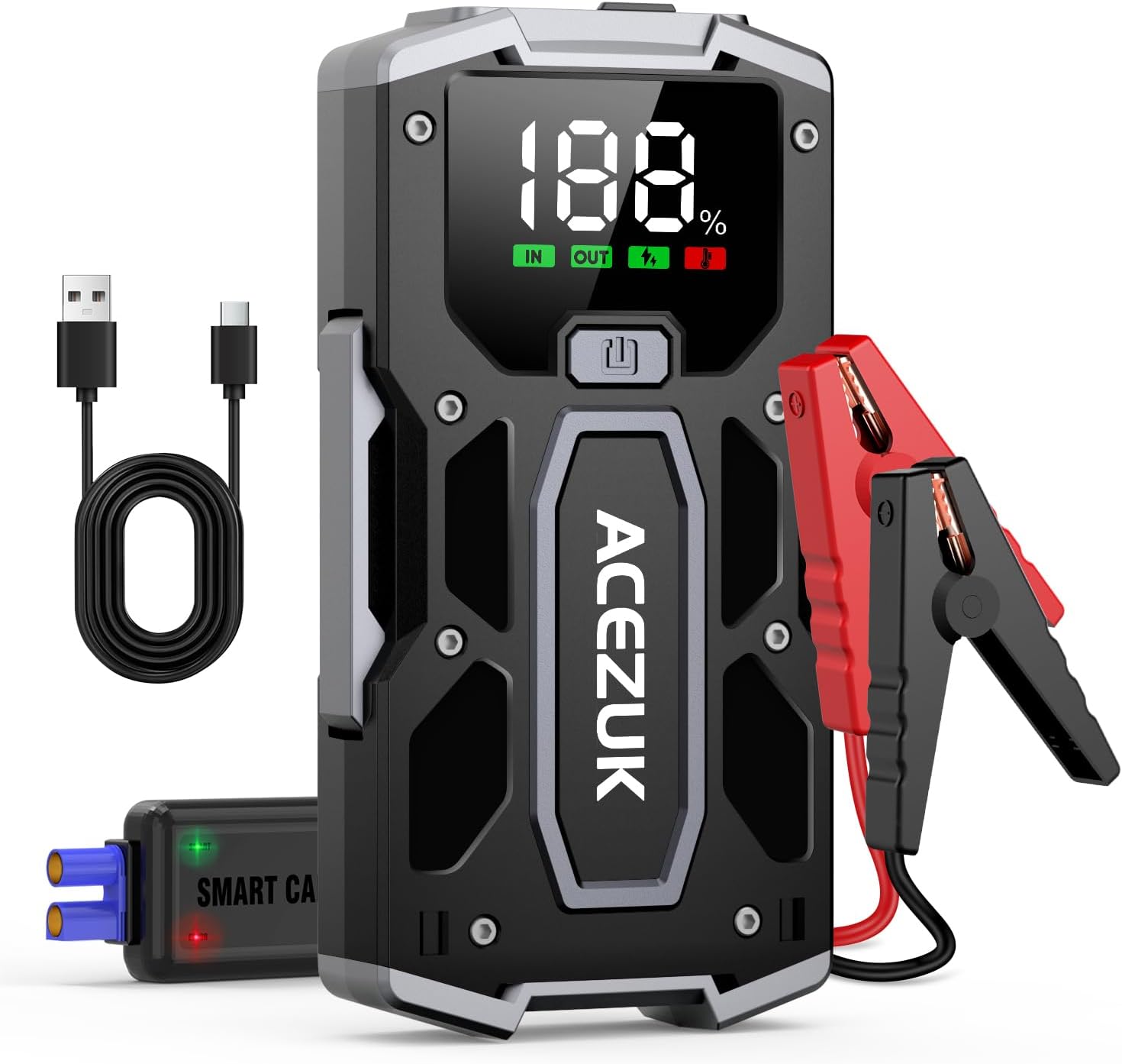 ACEZUK Booster Batterie Voiture 5000A, Démarreur de Voiture Portable (Jusqu'à 5.5L Diesel ou 7.0L Gaz), 12V Jump Starter avec 2.5 inch Écran LCD, Pinces de Sûreté Intelligentes, Lumière LED M01