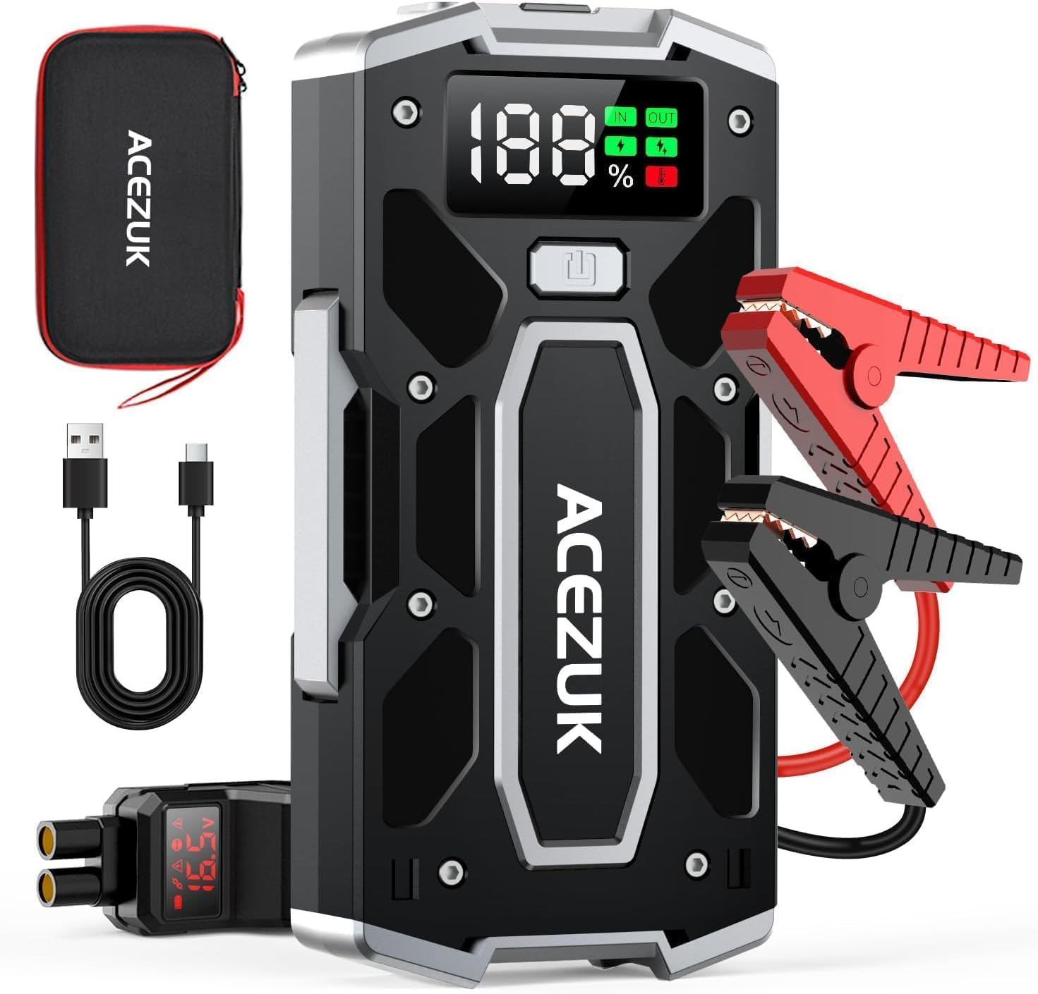 ACEZUK Booster Batterie Voiture 7000A, Démarreur de Batterie de Voiture Portable(Jusqu'à 8.0L Diesel ou 10.0L Gaz), 12V Jump Starter, Pinces Intelligentes avec Écran, Lumière LED, Port de QC3.0 M02