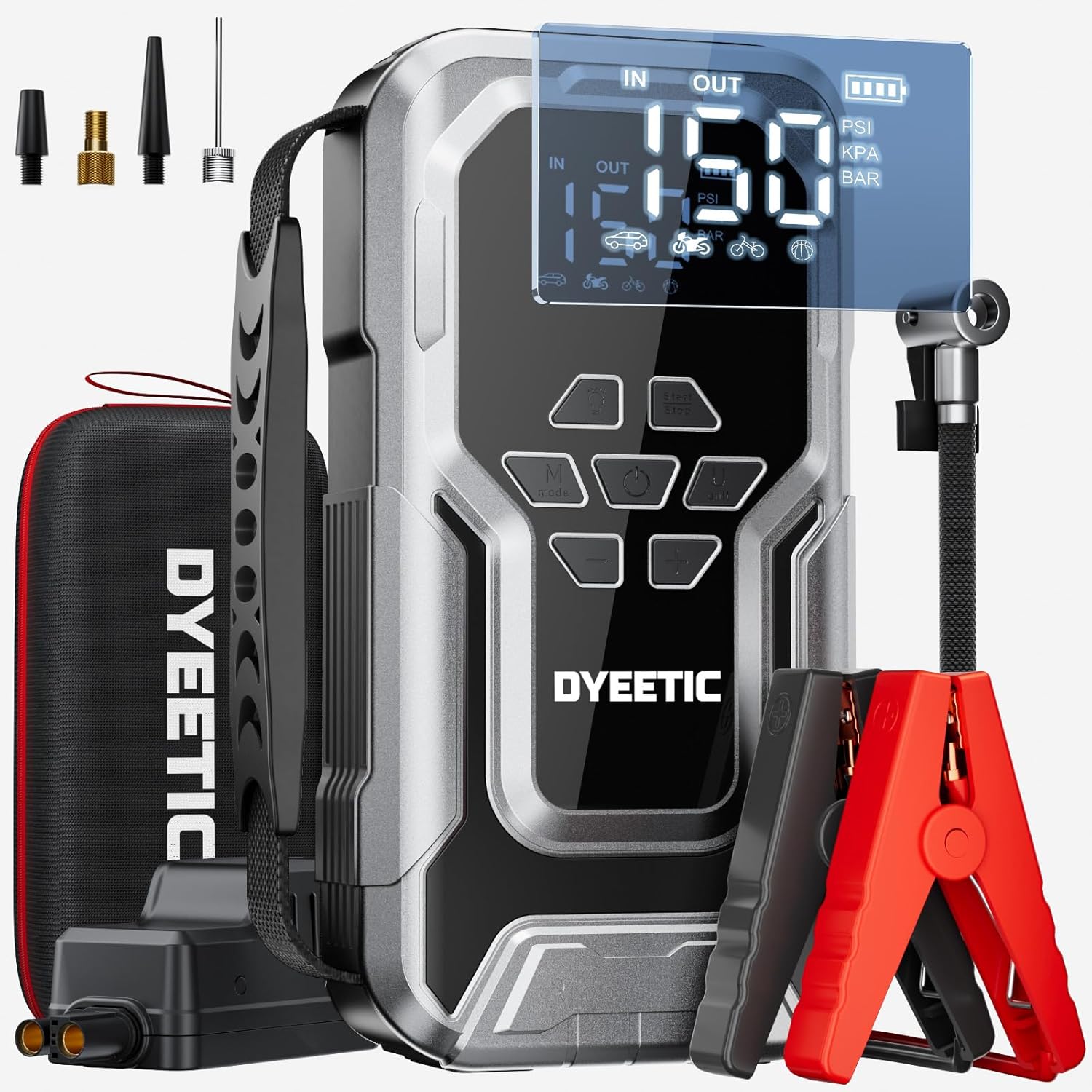 DYEETIC Démarreur de Voiture 6000A avec Compresseur 150 PSI, 12V Booster Batterie Lithium pour Tout Moteur Essence & Diesel 10L, Gonfleur Pneus Portable, Lampe LED et Câbles de Démarrage Argent