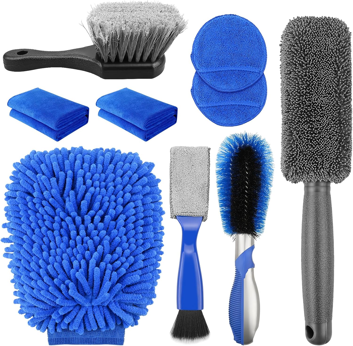 Kit de Nettoyage Voiture 9 Pièces, Kit de Détailing Auto Preicva avec Brosse Dure pour Pneus, Kit de Lavage Voiture avec Brosse pour Jantes, Gants en Corail, Chiffons, Disques de Cirage
