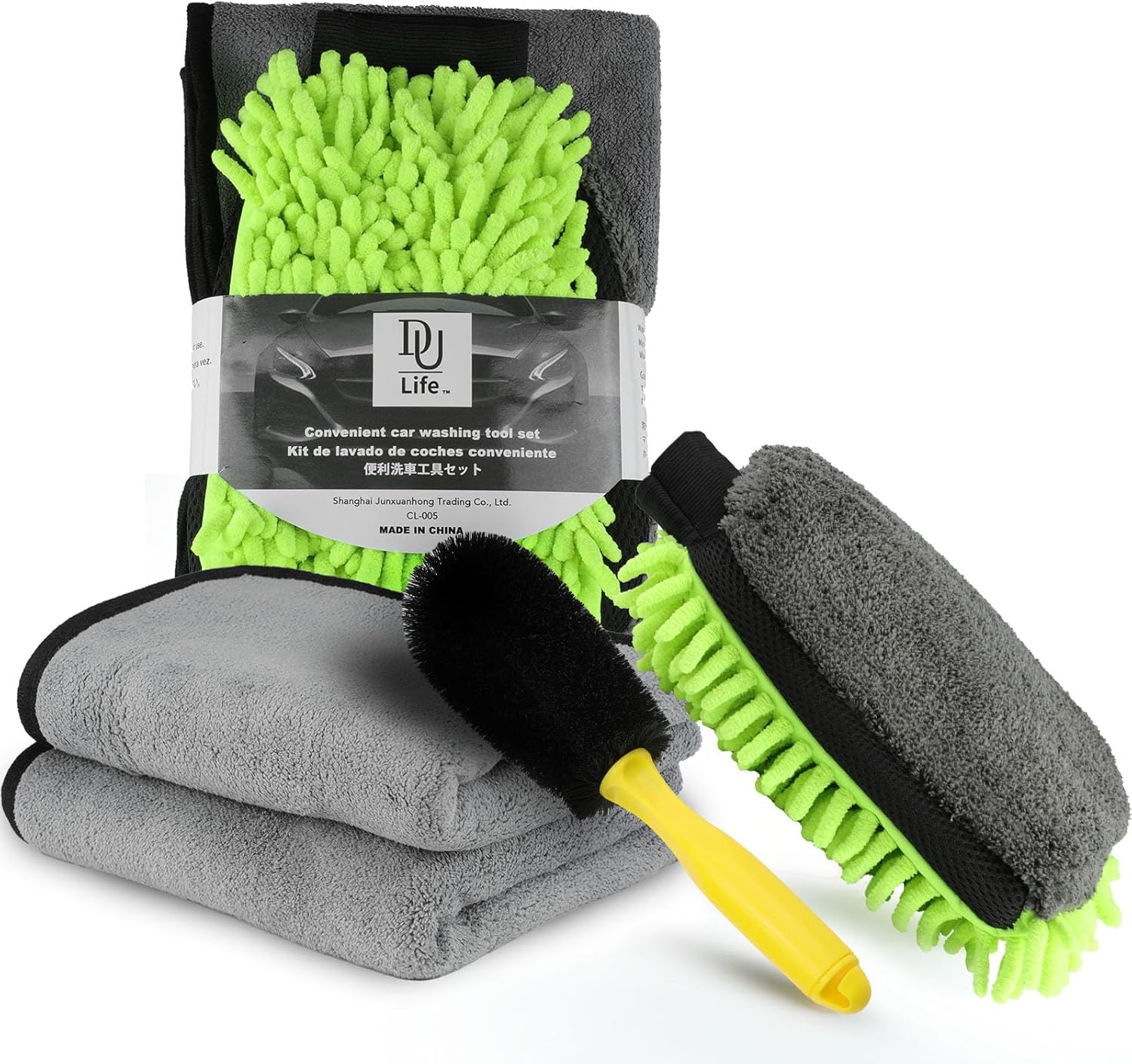 Kit Nettoyage Voiture, 4 Pièces Intérieur Extérieur, Dont 2 Serviette De Lavage De Voiture, Brosse Jantes, Gants de en Microfibres, kit Nettoyage Voitures Vert Grand 4