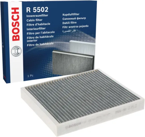 Bosch R5502 Filtre d'Habitacle à Charbon Actif de Remplacement - Contre les Mauvaises Odeurs, le Pollen et la Poussière pour un air plus pur à l’Intérieur du Véhicule Anti-odeurs au charbon actif