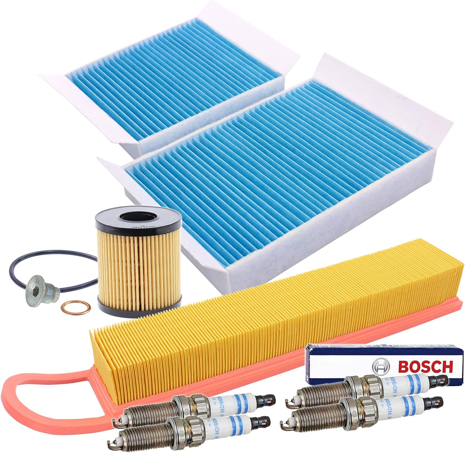 ATEC Germany Kit d'inspection Kit de filtration avec 1x filtre à air, 2x filtre d'habitacle, 4x bougies double platine ZR7SI332S Compatible avec CITROËN C3 II (SC ), DS3 (SA ), PEUGEOT 207 (WA , WC ),