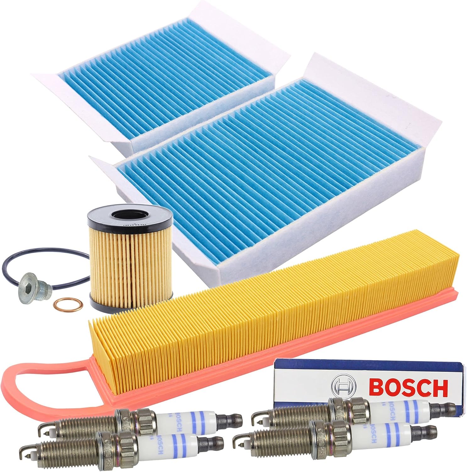 ATEC Germany Kit d'inspection Kit de filtration avec 1x filtre à air, 2x filtre d'habitacle, 4x bougies ZQR8SI302, Compatible avec CITROËN C3 II (SC ), DS3 (SA ), PEUGEOT 207 (WA , WC )(WD )(WK ), 208