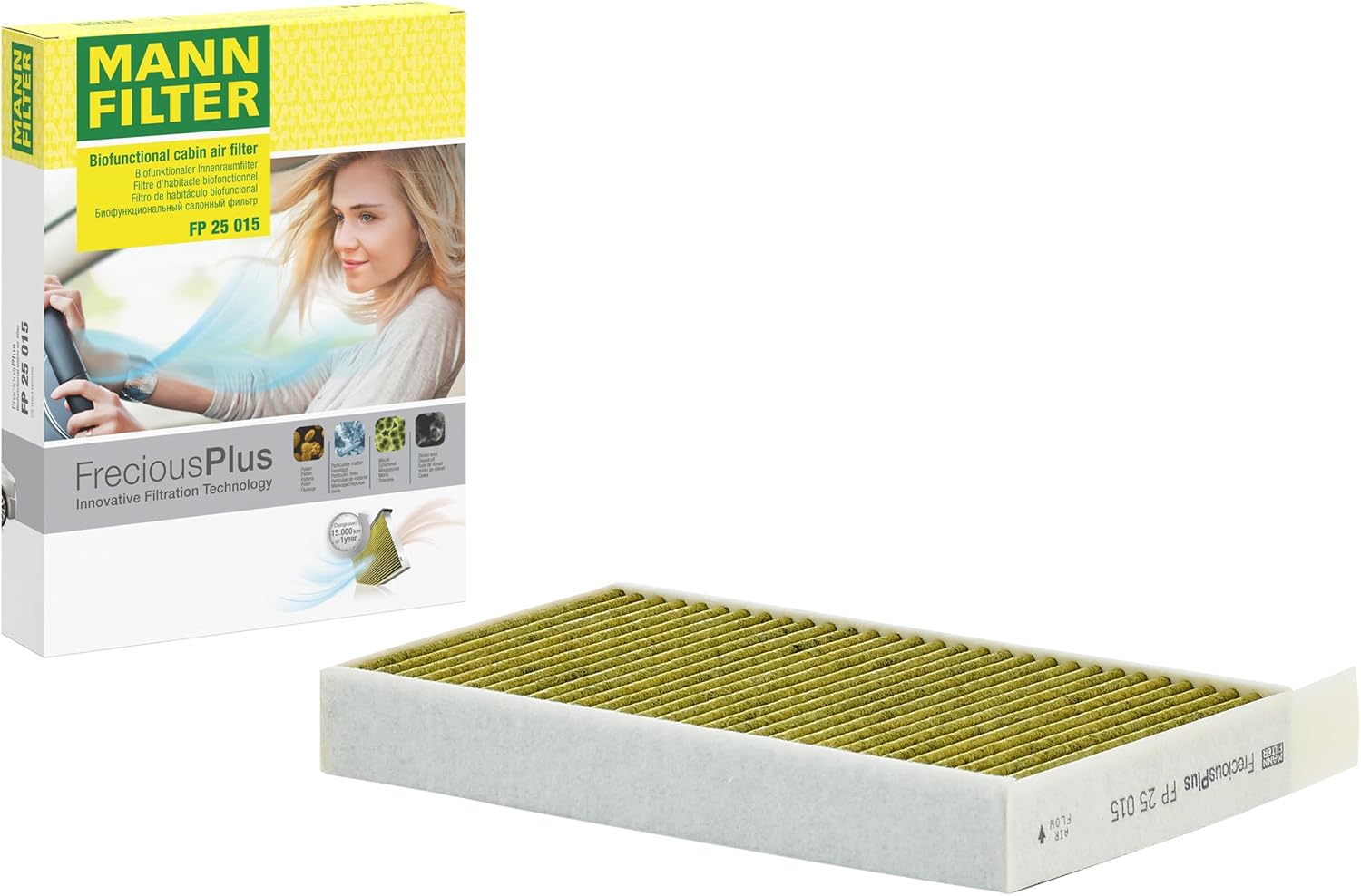 MANN-FILTER FP 25 015 Filtre à air de cabine - FreciousPlus Filtre à Pollen Bio-fonctionnel - pour Véhicule de tourisme + utilitaires Filtre à Air 19.6 x 3.9 x 25.6 cm