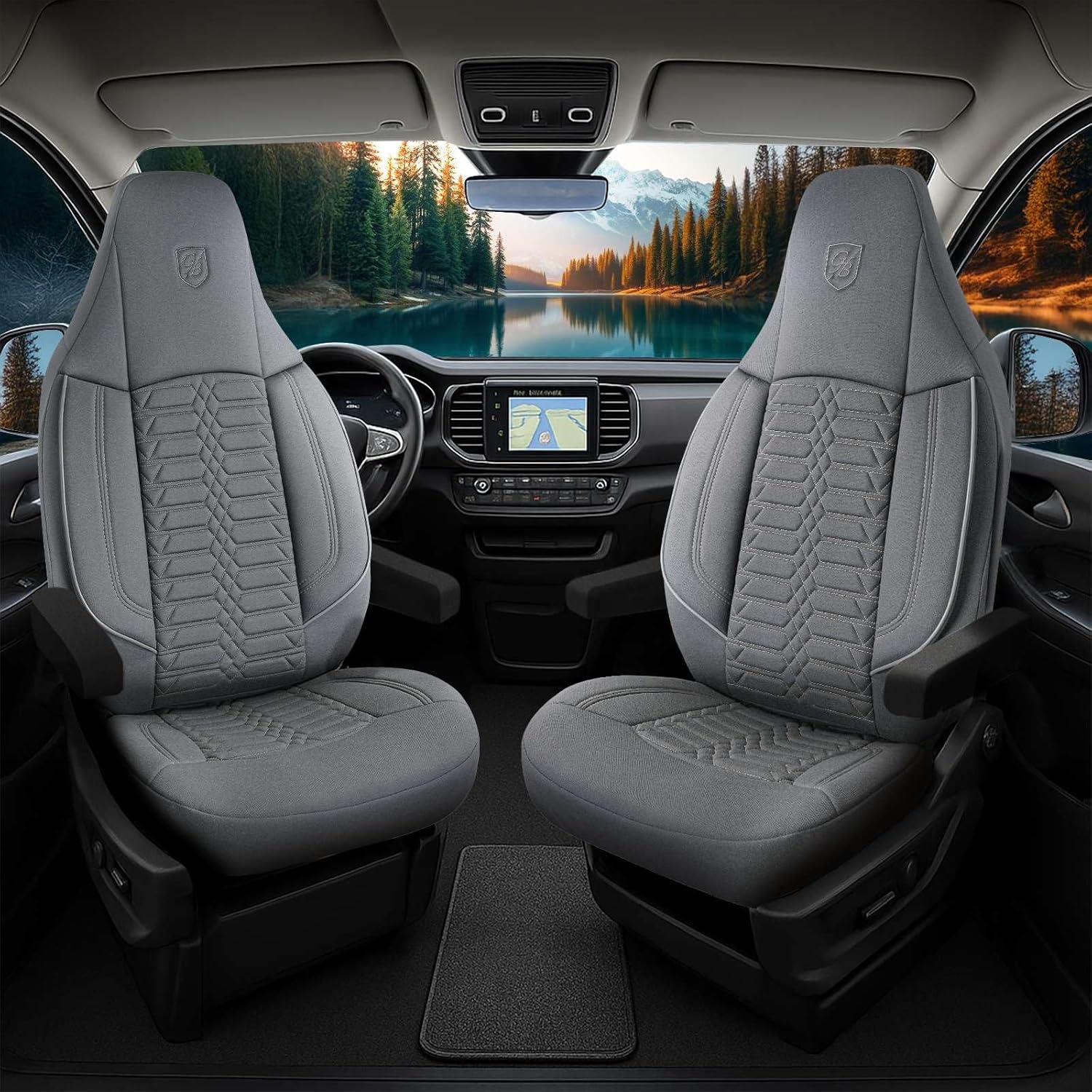 Housses de siège de voiture universelles pour camping-car et caravane - En tissu Lacoste - Gris - Compatible avec airbag - Kit de montage et kit de montage