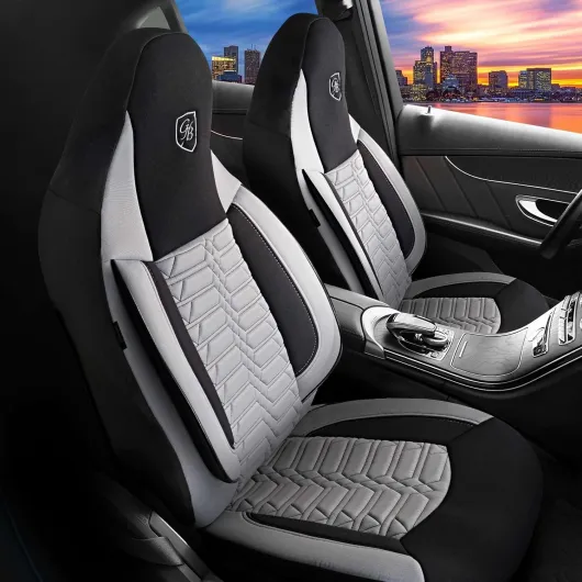 GIOVANNI BUTTI Housses de siège universelles pour voiture et SUV - Housses de siège avant en tissu Lacoste - Gris/noir - Compatible avec airbag - Kit de montage inclus