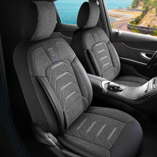 Housses de siège de voiture universelles pour voiture et SUV - En lin - Gris fumé - Compatible avec airbag - Kit de montage inclus Gris fumé - Gris 2 Vordersitze