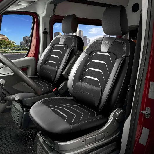 GIOVANNI BUTTI Housses de siège de voiture universelles 1+1 pour Fiat Ducato, Peugeot Boxer, Citroën Jumper (2014-2024) – Housse de siège avant en lin – Noir et gris – Kit de montage Noir/gris - 1+1 Fiat Ducato, Peugeot Boxer, Citroën Jumper (2014-2024)