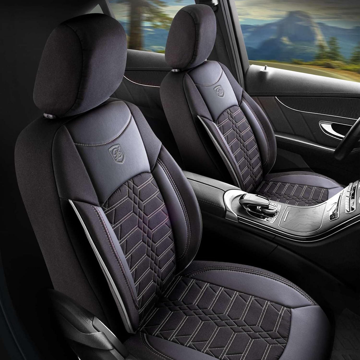 Housses de siège de voiture universelles - Accessoires de voiture de qualité supérieure pour voiture et SUV - Jacquard - Compatible avec airbag - Noir et gris - Kit de siège avant avec Noir/gris.