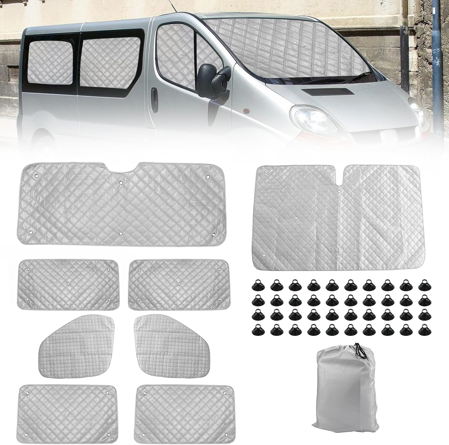 Tapis Thermique Voiture Remplacement pour Renault Trafic SWB 2001-2014 8 Pièces, Protection Solaire Pare-Brise Remplacement pour Opel Vivaro SWB 2001-2014, Ensemble de Pare-Soleil Pliable for Trafic 2001-2014 SWB-8PC