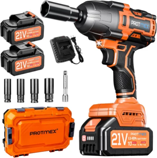Protmex Cordless Impact Wrench, 900Ft-lbs (1200N.m) 1/2" Brushless Impact Gun, 21V High Torque Power Impact Driver, 2x4.0Ah Batteries Electric Impact Motor Variable Speeds for Car/Pickup Truck/Mower Orange