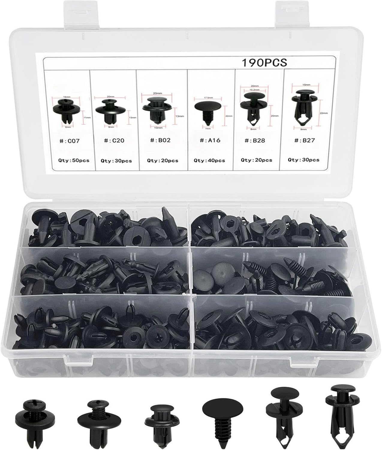 190 Pièces Clips De Fixation Voiture, 6 Taille Pieces Auto, Rivet Plastique, Clips Voiture, Agrafe Carrosserie pour Pare-Chocs Porte de Voiture Fender Push Kit de Remplacement