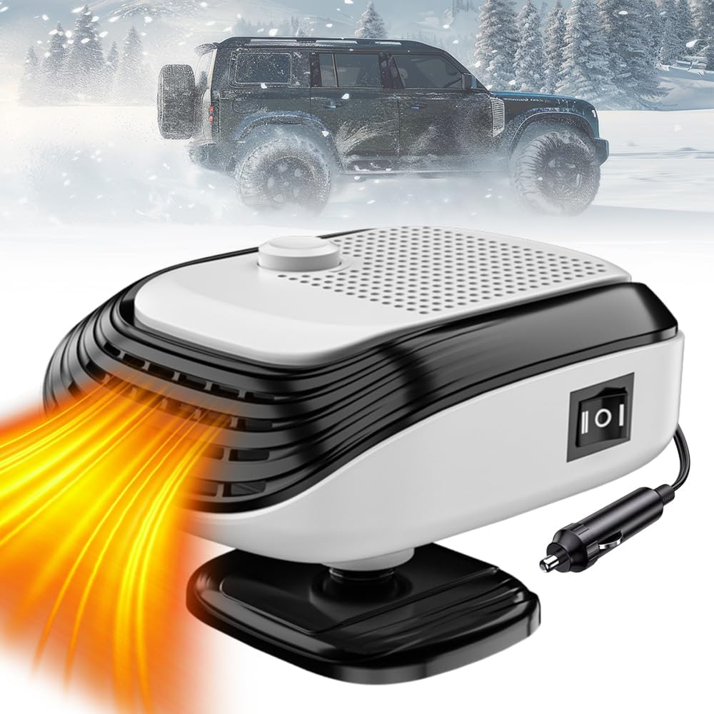 Chauffage de Voiture 12/24V 150W, Chauffage D'appoint Chauffage et Refroidissement, Ventilateur Base Rotative à 360 degrés Chauffage Rapide du Pare Brise de Voiture Plug in Allume Cigare (Blanc-12V)