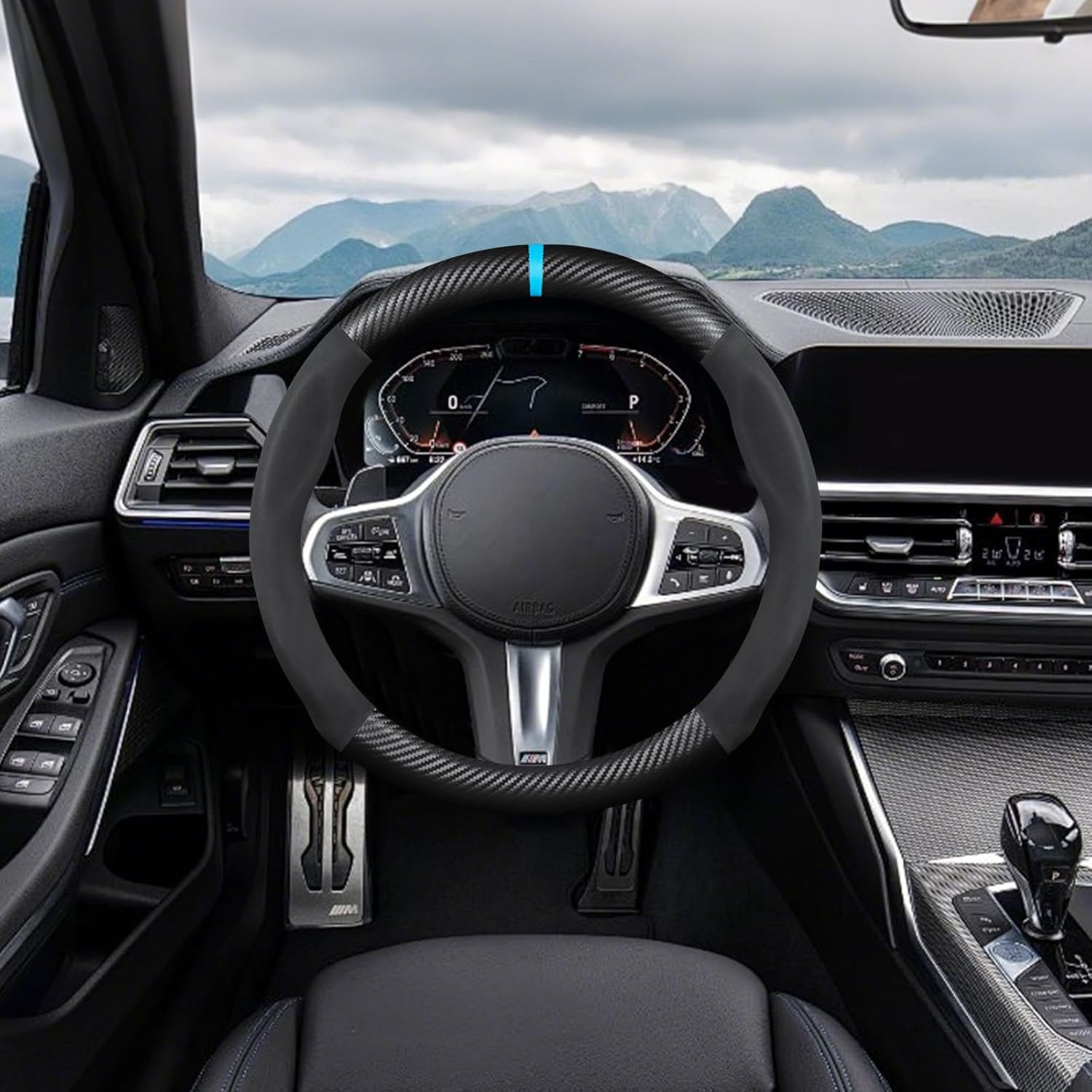 Forme Ronde Fibre de Carbone & Microfibre PU Cuir Couvre Volant Antidérapant Couvre Volant Voiture Respirant Sport Housse Volant Voiture pour Diamètre 38cm（15"）-Noir Bleu Noir Bleu Round Shape