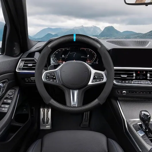 Forme Ronde Fibre de Carbone & Microfibre PU Cuir Couvre Volant Antidérapant Couvre Volant Voiture Respirant Sport Housse Volant Voiture pour Diamètre 38cm（15"）-Noir Bleu Noir Bleu Round Shape