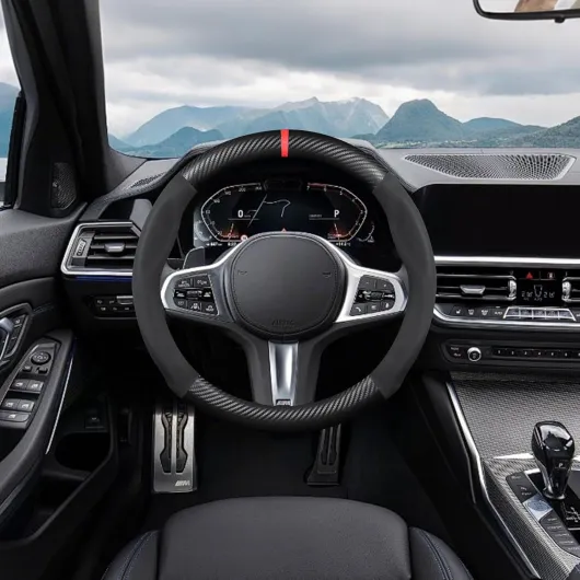 Forme Ronde Fibre de Carbone & Microfibre PU Cuir Couvre Volant Antidérapant Couvre Volant Voiture Respirant Sport Housse Volant Voiture pour Diamètre 38cm（15"）-Noir Rouge Noir Rouge Round Shape