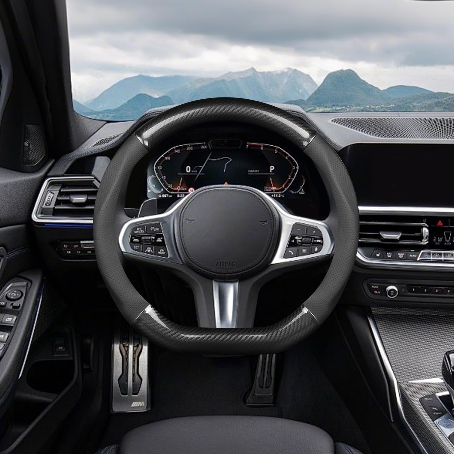 Couvre Volant de Voiture D-forme Fibre de Carbone & Cuir PU Volant Protecteur Antidérapant pour diamètre 38cm(15 ") (Noir)