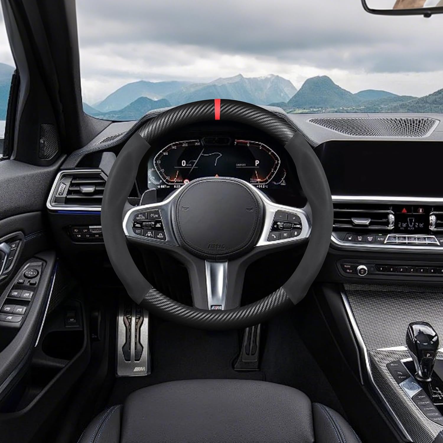 Forme Ronde Fibre de Carbone & Microfibre PU Cuir Couvre Volant Antidérapant Couvre Volant Voiture Respirant Sport Housse Volant Voiture pour Diamètre 38cm（15"）-Noir Rouge Noir Rouge Round Shape