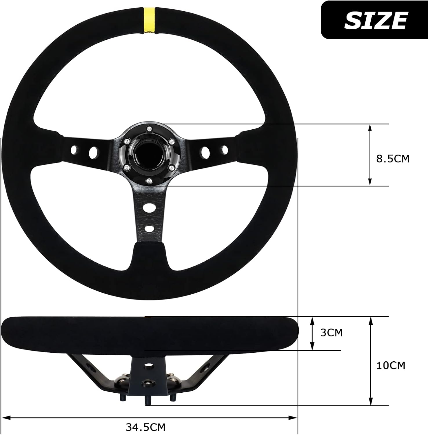 Acclcors Volant de course, universel, volant de jeu, 13,6", 6 vis, poignée en daim Deep Dish avec bouton corne pour course/rallye/moteur/voiture sim guidage (noir)