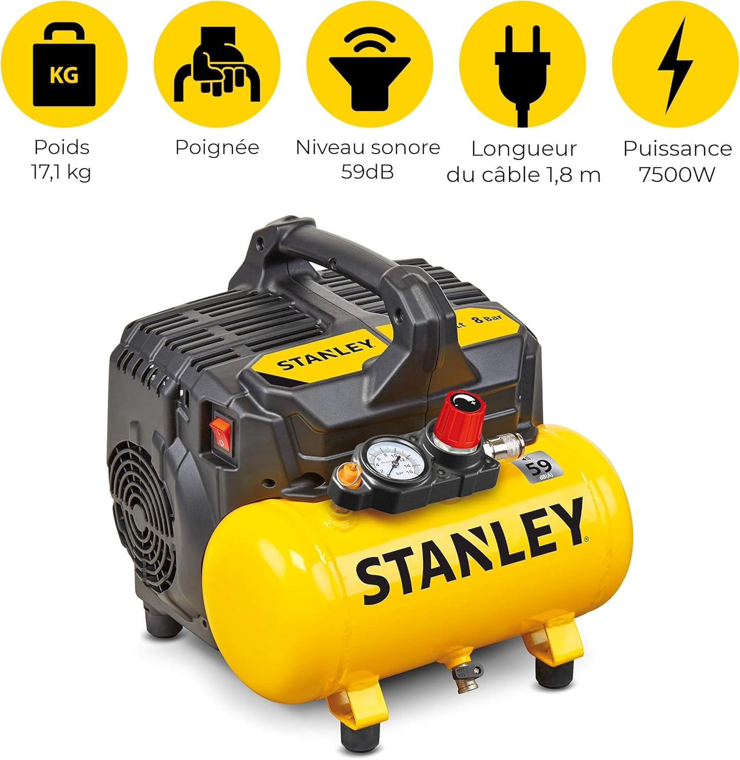 Stanley Compresseur à Air DN200/8/6 - Gonfleur Pneus Voiture 8 Bar - Compresseur Portatif avec Capacité de 6L - sans Huile 105L/Min - Avec Poignée et Pieds Antidérapants - pour Outils Pneumatiques Unique