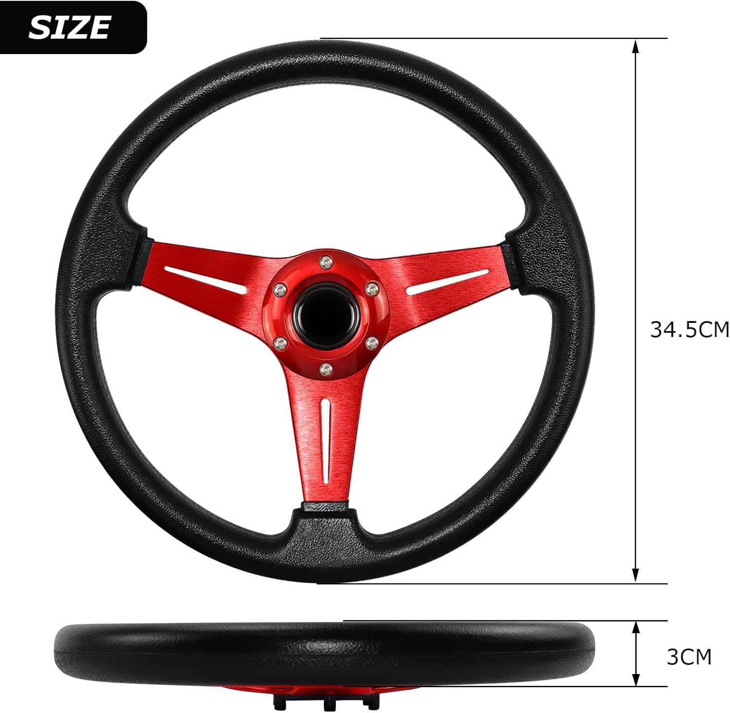 Acclcors Volant de voiture de course universel,13,6 "6 poignée boulonnée en cuir vinyle avec bouton klaxon pour course/rallye/course/simulation (Rouge)