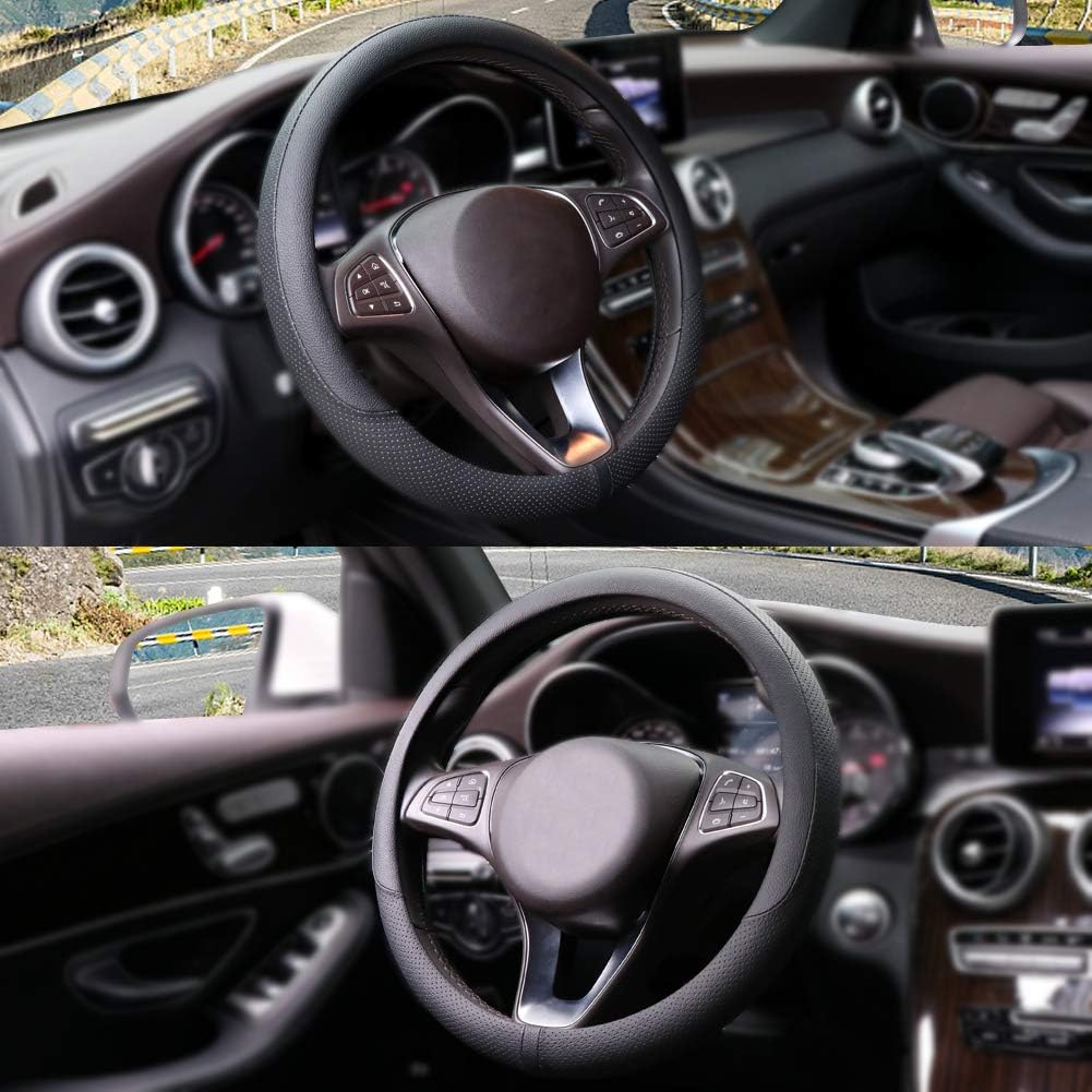 Couvre Volant en Cuir Microfibre Respirant et Antidérapant avec Marquage Central M 37-38cm Noir Style A-1.Noir [Rond] M (37-38cm)