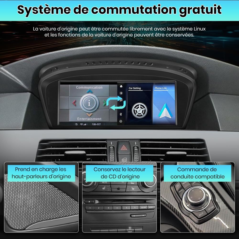 Linux Autoradio écran Tactile de 8,8 Pouces compatibles pour BMW Série 5, E60, E61, E63, E64, Série 3 E90, E91, E92, avec Carplay/Android Auto Bluetooth/USB/CCC système CCC LINUX A