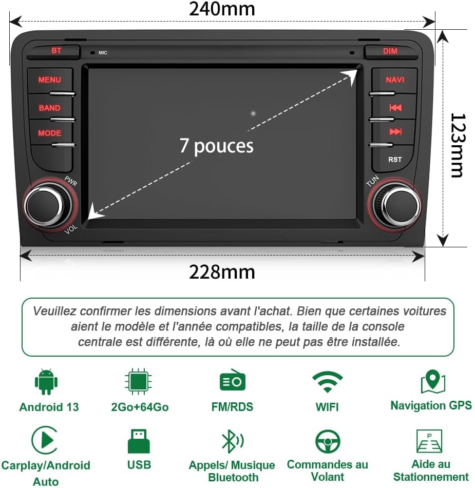 Autoradio Android 13 pour Audi A3 S3 RS3 8P (2003-2012) [2Go+64Go avec Carplay Android Auto 7 Pouces GPS WiFi USB FM Bluetooth Commande au Volant(Caméra de recul Incluse 2Go+64Go 7" avec Caméra
