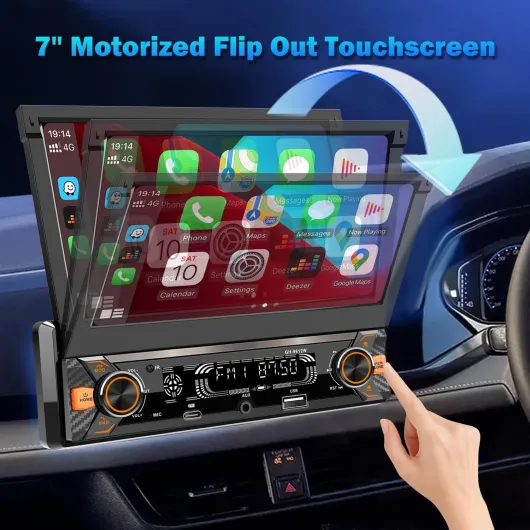 Autoradio 1 Din avec écran tactile (7" Motorisé Rétractable) Compatible avec [wireless] Apple CarPlay/Android Auto Bluetooth Radio AM/FM/RDS Type-C USB (charge rapide 3A) Caméra de recul AUX SD