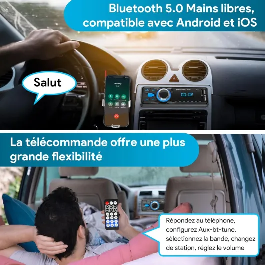 Autoradio Bluetooth Main Libre 5.0, FM Poste Radio Voiture Bluetooth, Autoradio 1 Din pour 9-12V Voiture Supporte 2 USB/AUX/SD/TF/MP3, Supporte iOS/Android Noir