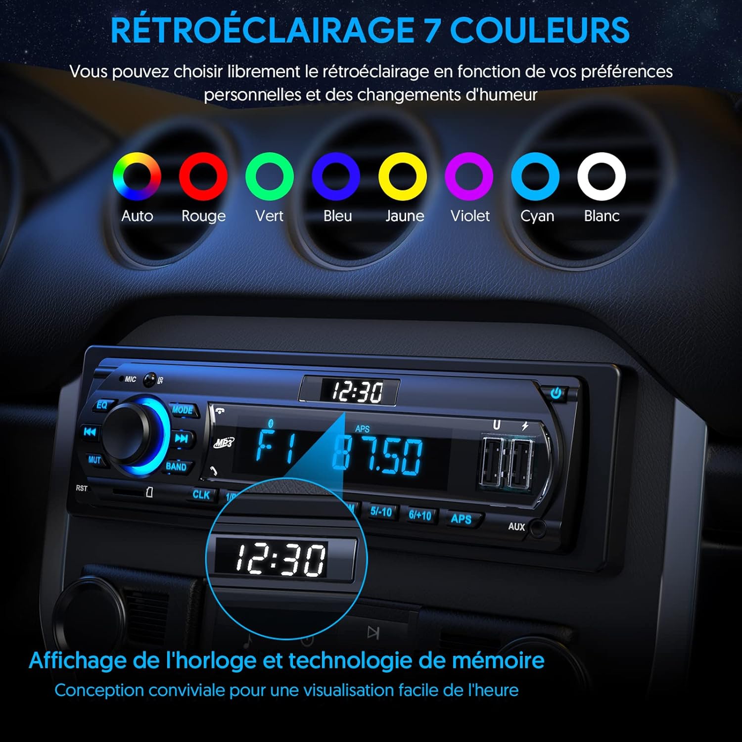 RDS Autoradio Bluetooth 5.0, Poste Radio avec LCD Affichage Horloge, 7 Couleurs Éclairage, 4x65W Autoradio 1 Din pour 9-24V Voiture, Supporte Main Libre/FM/AM/2 USB/AUX/SD/TF/MP3 Bleu