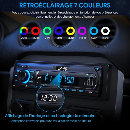 RDS Autoradio Bluetooth 5.0, Poste Radio avec LCD Affichage Horloge, 7 Couleurs Éclairage, 4x65W Autoradio 1 Din pour 9-24V Voiture, Supporte Main Libre/FM/AM/2 USB/AUX/SD/TF/MP3 Bleu