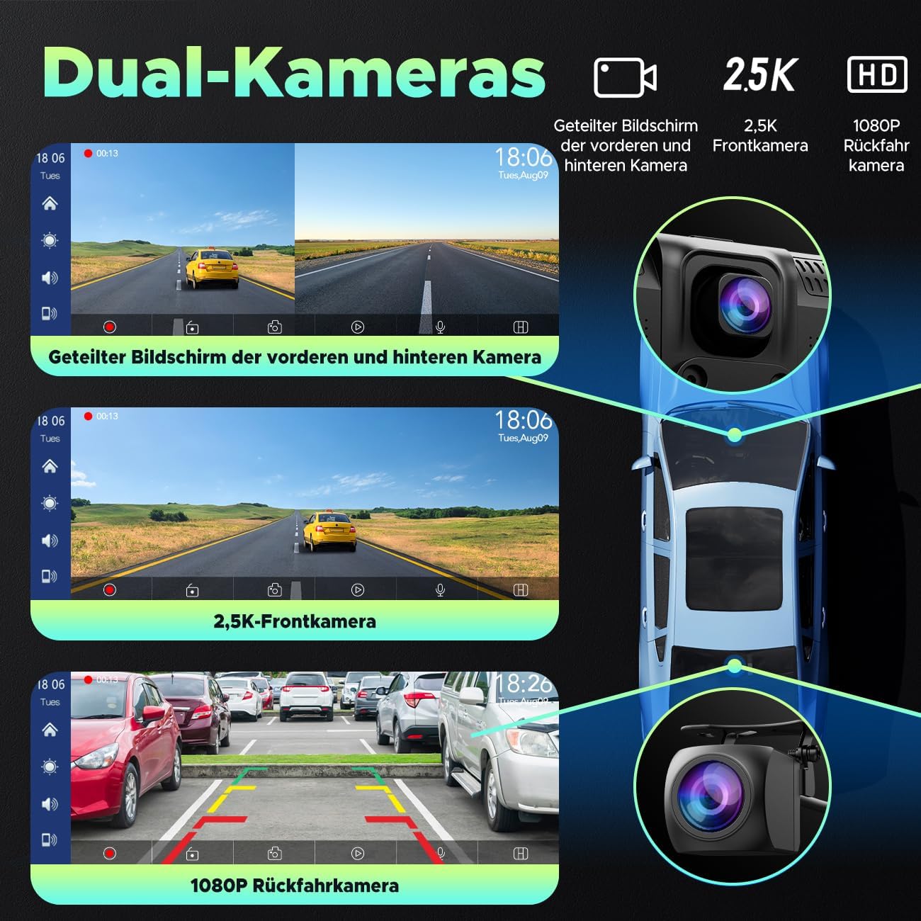 Sans Fil A-pple Carplay et Android Auto, Stéréo de Voiture avec Dashcam Avant 2K, Caméra Arrière 1080P, Portable, écran Tactile de 9,26 Pouce avec Bluetooth/GPS/FM/AUX/Lien Miroir/Carte TF 64G Carplay avec Dashcam 2K+1080P