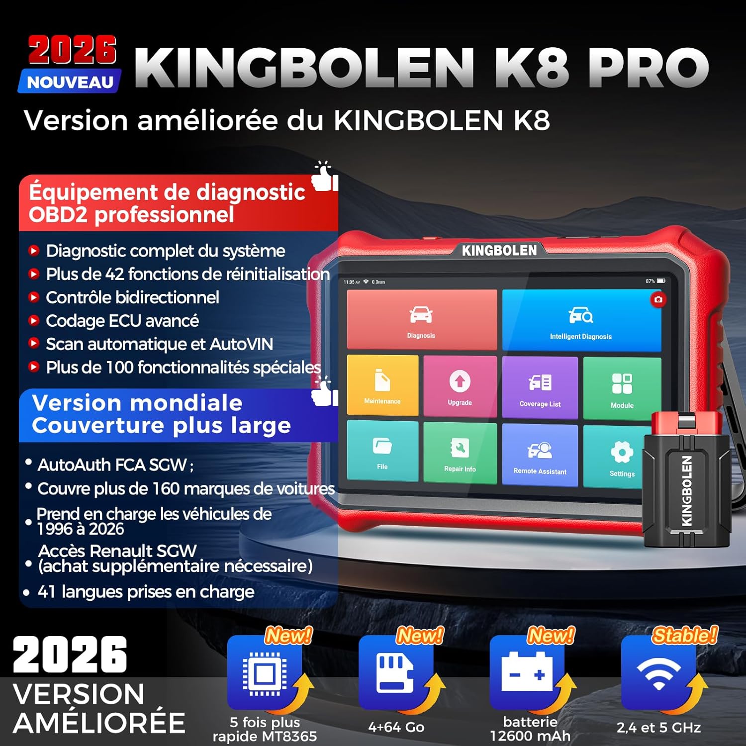 K8 Pro Valise Diagnostic Auto, OBD2 Diagnostic Français pour système Complet avec 42+ Réinitialisations, Codes ECU, Contrôle Bidirectionnel, CANFD＆DOIP, Mise à Jour Gratuite à Vie