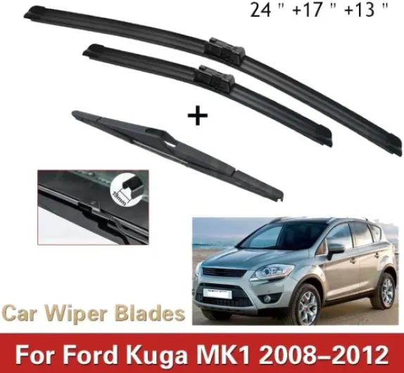 Jeu de balais d'essuie-glace avant et arrière compatible avec Ford Kuga MK1 2008-2012, brosses de pare-brise 24"+17"+13"