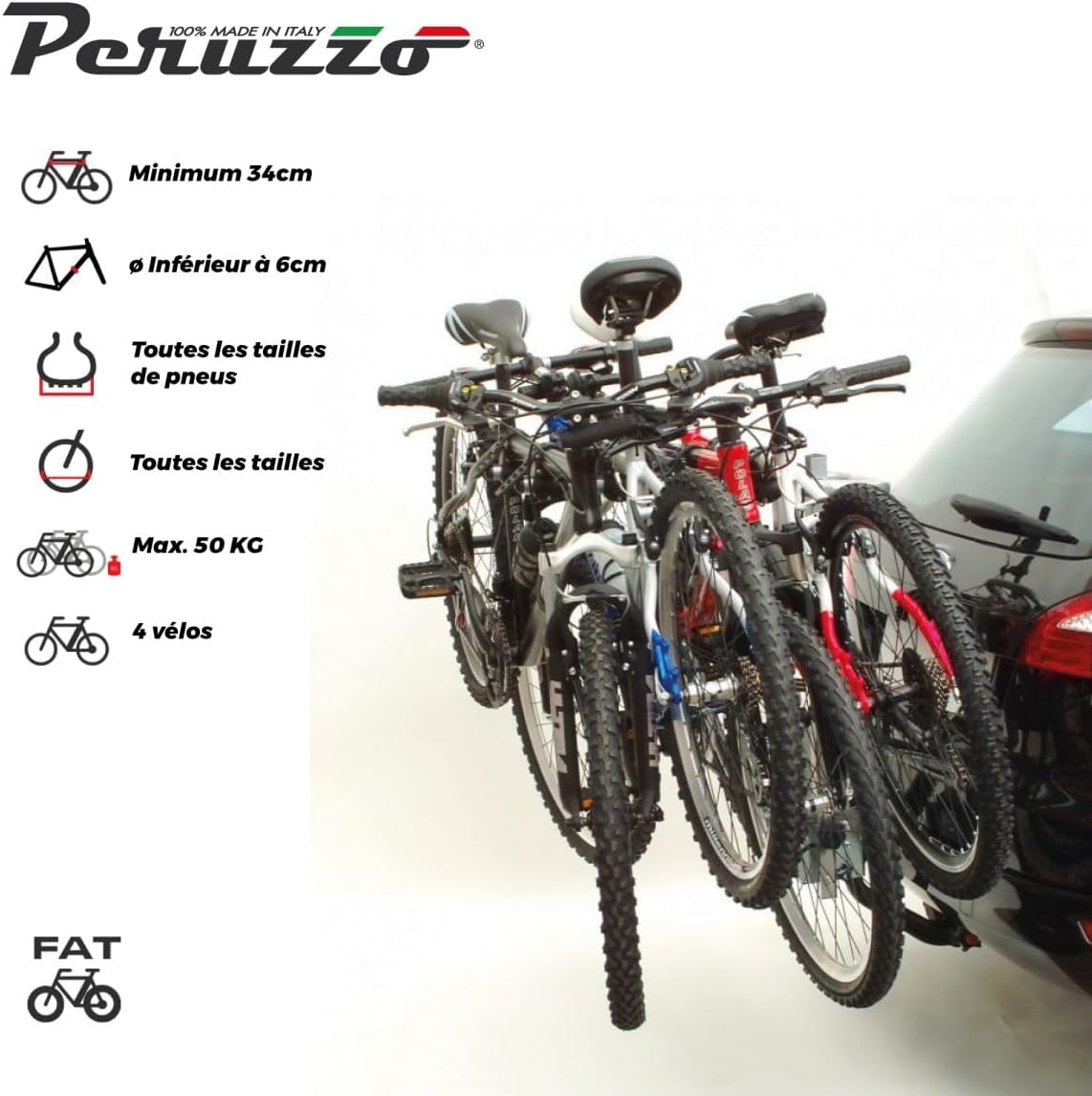 Peruzzo - Porte-vélo Arezzo - Noir - Universel sur attelage - Charge Max 50kg - Compatible Fat Bike - Inclinable pour accès Facile au Coffre - Installation et désinstallation faciles (4 vélos Silver)