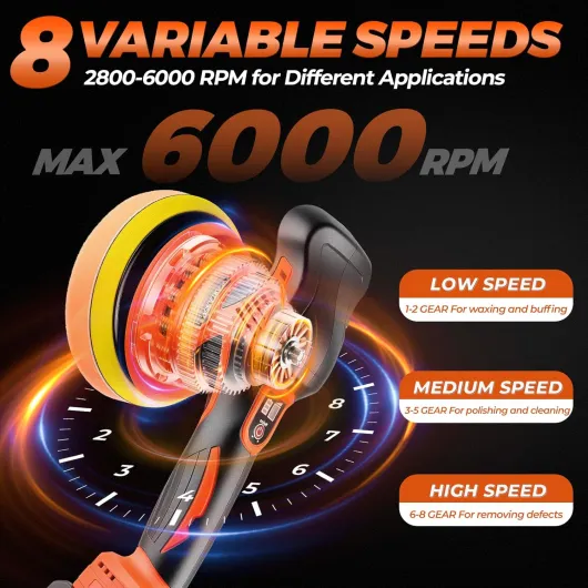 Polisseuse sans fil pour voiture, 8 vitesses variables, 2800-6000 tr/min, avec 2 batteries 21 V 2,0 Ah et kit de polissage de 17 pièces pour enlever les rayures Orange