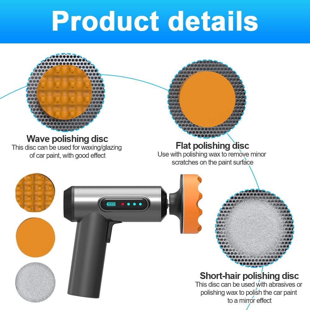 Polisseuse de voiture sans fil, polisseuse électrique sans fil rechargeable, vitesse de 20 000 tr/min, polisseuse de voiture sans fil, 3 tampons de polissage, pour cirage, polissage et ponçage