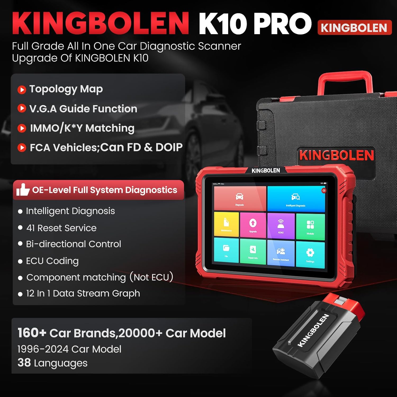 Valise Diagnostic Auto K10 Pro, OBD2 Diagnostic français pour système Complet avec 50+ Réinitialisations, Codes ECU, Contrôle Bidirectionnel, Diagramme Topologique, CANFD＆DOIP
